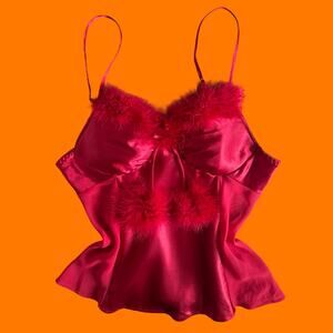 90's 00's vintage red satin feather y2k babydoll lingerie tank top MEDIUM NWT